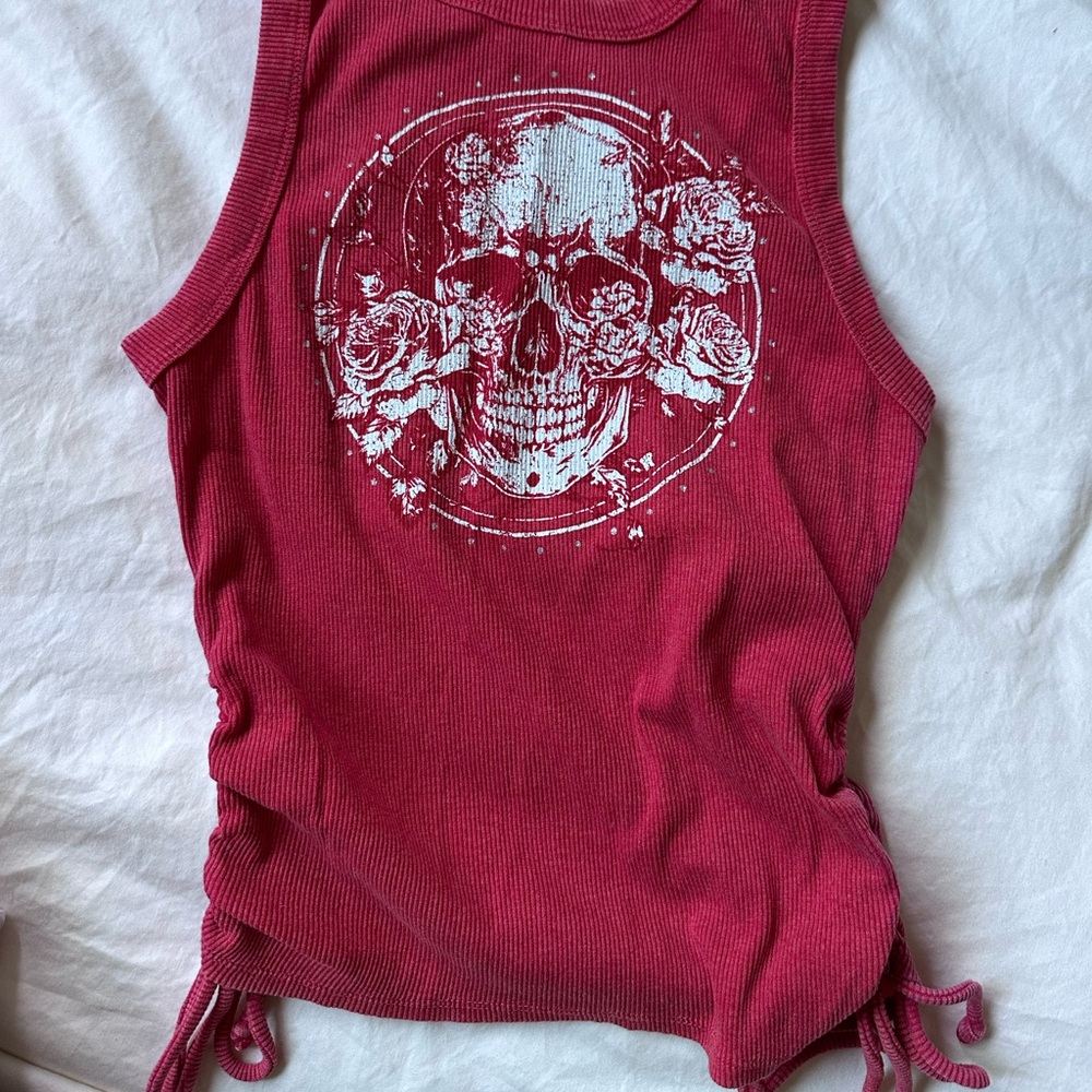 Red Ribbed Tank Top with White Skull & Rose Graphic